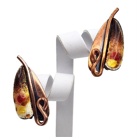 Signed Matisse Copper Enamel Clip Earrings