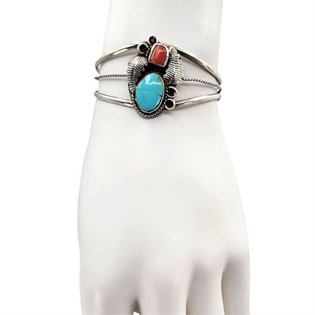 Turquoise & Coral Navajo Cuff Bracelet