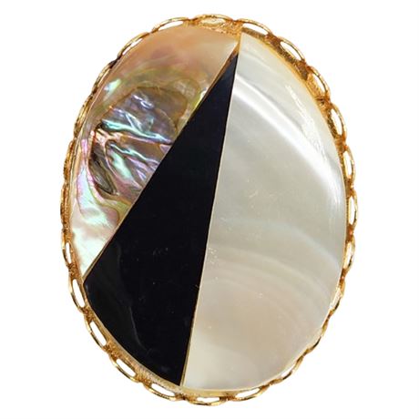 Vintage Abalone & Mother of Pearl Inlay Oval Brooch