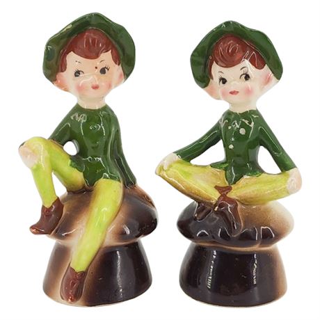 Vintage 50s Enesco Pixie Elves on Mushrooms Ceramic Salt & Pepper Shakers