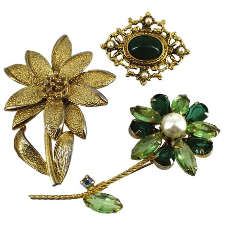 Vintage Green Floral Brooch Trio - Gold Tone, Rhinestone, Faux Pearl Flower Pins