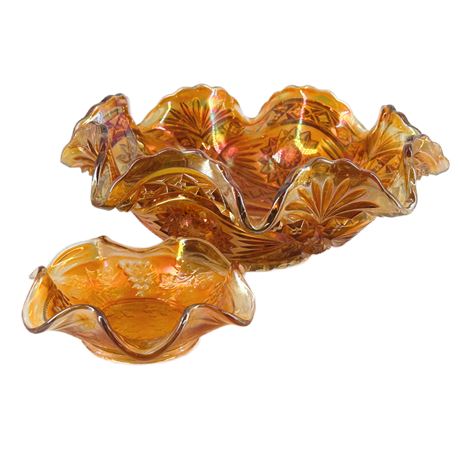 Lot of 2 Vintage Marigold Carnival Glass Ruffled Bowls