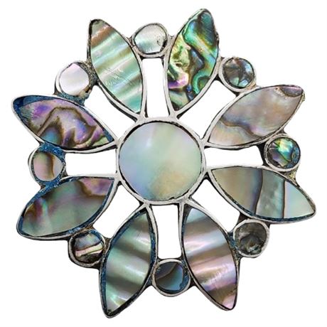 Vintage Mexico Sterling Silver Abalone Inlay Flower Brooch