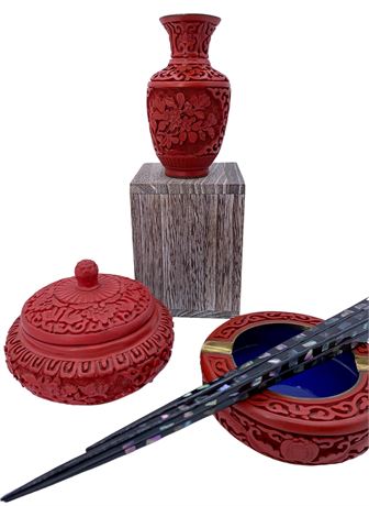 Carved Oriental Cinnabar & Inlaid Abalone Chopstick Lot