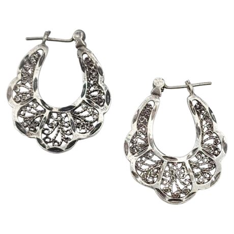 Vintage Sterling Silver Scalloped Filigree Hoop Earrings