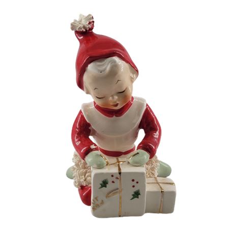 Napco Vintage Pixie Elf Ceramic Spaghetti Trim Figurine Wrapping Presents