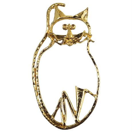 Vintage 80s Large Gold Tone Cat Outline Brooch