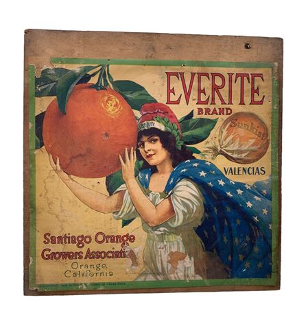 Fantastic 1919 Sunkist Valencias Oranges Everite Brand Fruit Crate Label