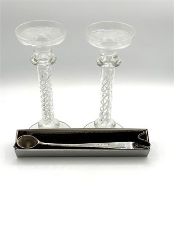 2 Glass Candlesticks and Snuffer