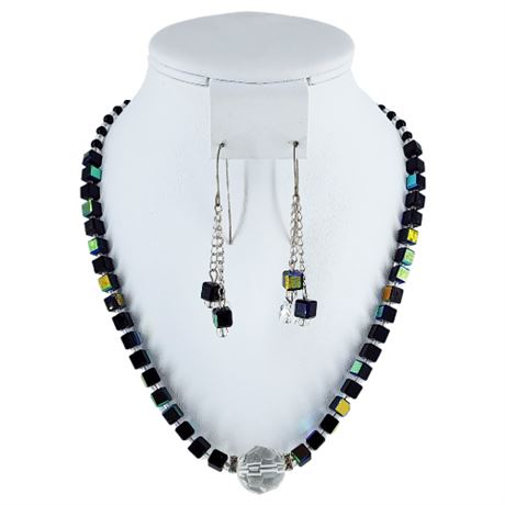 Artisan Made Iridescent Cube Bead Necklace & Earrings Set