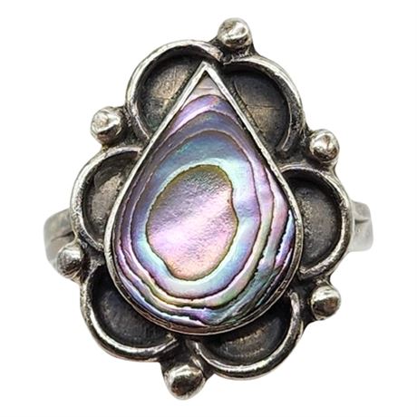 Vintage Signed HO Taxco Sterling Silver Abalone Ring, Sz 5.5