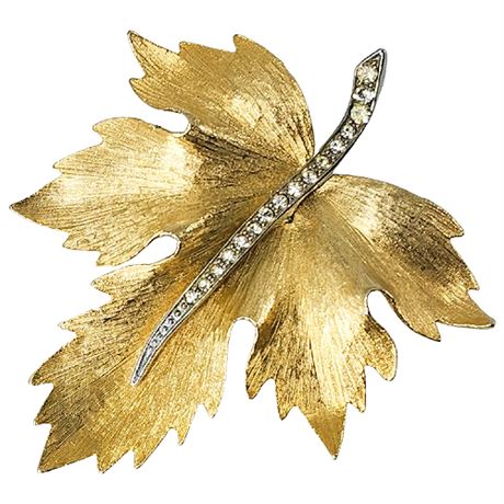 Vintage Gold Tone & Rhinestone Autumn Leaf Brooch