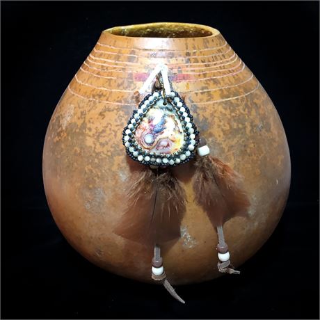 Large Vintage Southwestern Gourd with Feather Accents