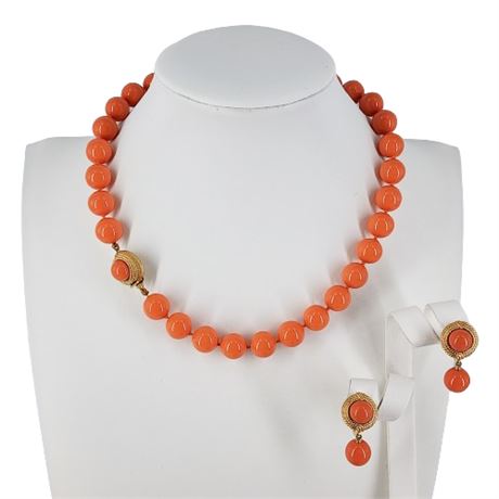 Signed Ciner Coral Colored Necklace & Clip Earrings Set