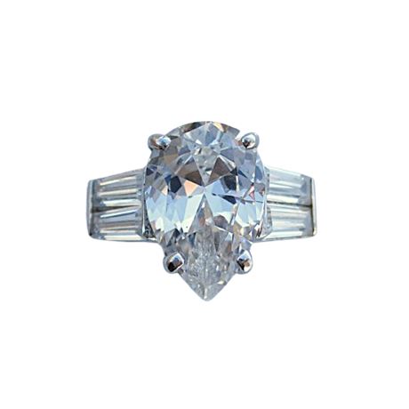 925 Sterling Large Pear-Cut & Baguette CZ Cocktail Ring Sz 7 Big Bling!