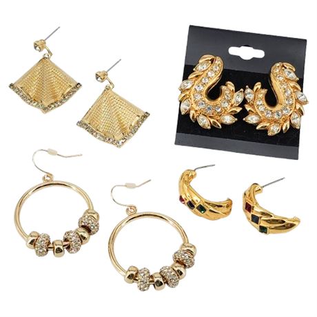 Four Pairs Vintage Gold Tone Rhinestone Pierced Earrings