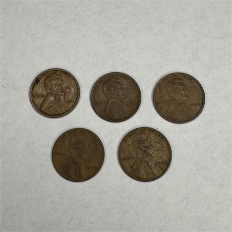 Five (5) 1920s Wheat Pennies