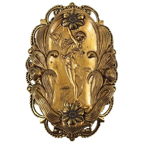 Vintage Jan Michaels Art Nouveau Lady & Flowers Large Brass Brooch