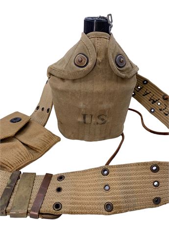 WWI US Military Soldier’s Water Canteen, Belt & Carbine Magazine Pouch