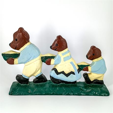 Vintage Cast Iron Doorstop – Three Bears with Porridge Bowls
