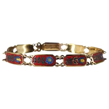 Vintage Thai Gold Over Sterling Enameled Floral Link Bracelet