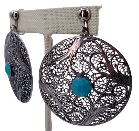 Lustrous Silver Filigree & Faceted Stone Clip Earrings