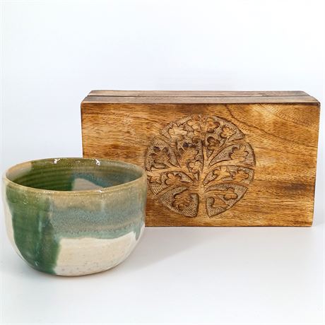 Artisan Ceramic Bowl & Carved Wooden Box – Nature-Inspired Handmade Set