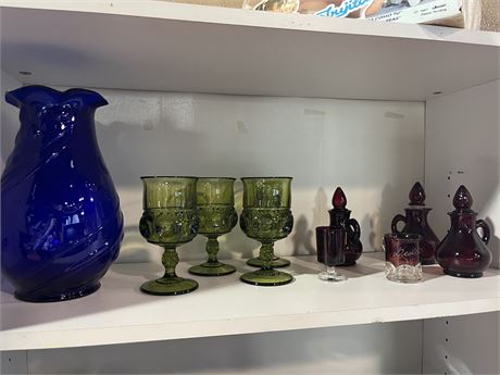 Collectible, green stem, war, and other glass lot