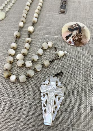 Catholic Mother of Pearl Rosary, Crucifix, Convex Painted Madonna Religious Lot