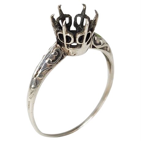 Antique Sterling Silver Solitaire Ring Setting, No Stone, Sz 7.5