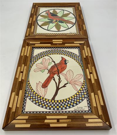 2 Handmade Walnut, Maple & Mahogany Marquetry Frames, Red Bird Watercolor