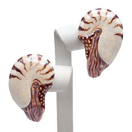 Signed Hand-Painted Porcelain Nautilus Pierced Earrings