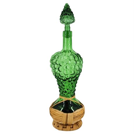 Mid-Century Italian Glass Grape Bunch Wine Bottle w/ Raffia Base