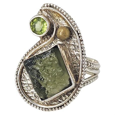 Artisan Made Sterling Silver Peridot & Art Glass Ring, Sz 6