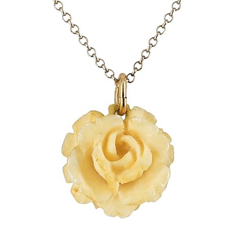 Vintage Carved Bone Rose Pendant on Gold Over Sterling Silver Chain