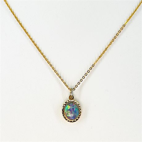 Vintage Metal Gold Tone & Faux Opal Pendant Necklace