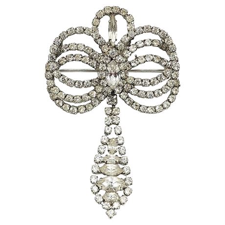 Signed WEISS Elaborate Prong Set Rhinestone Brooch w/ Drop