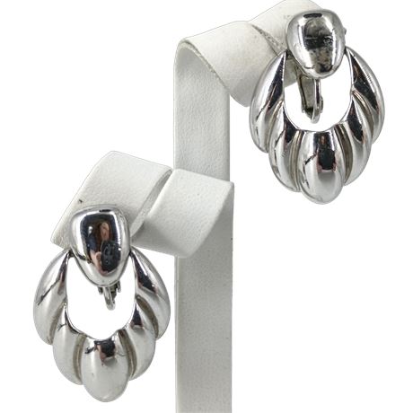 Signed Napier Silver Tone Clip-On Earrings – Sculptural Crescent Style MCM