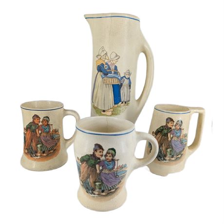 Roseville Pottery Dutch Pitcher + 3 Mugs Dutch Children 4 Piece Set