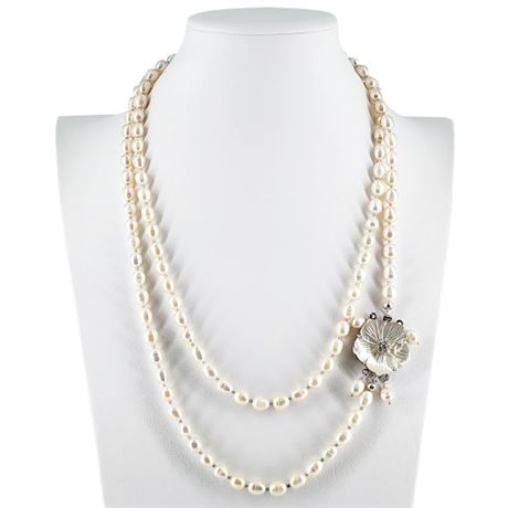 Vintage 48 Inch Freshwater Pearl Necklace w/ Mother of Pearl Flower Clasp