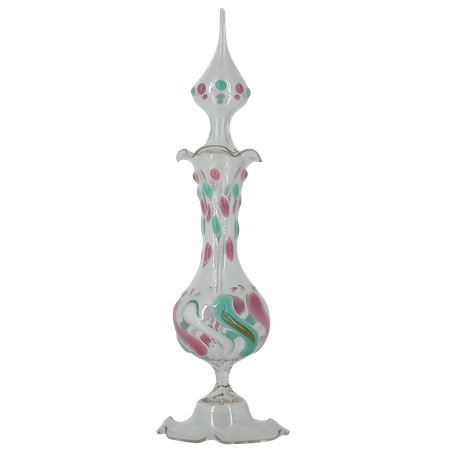 Signed KM Hand-Blown Art Glass Perfume Bottle w/ Stopper Pink Green Gold Ribbon