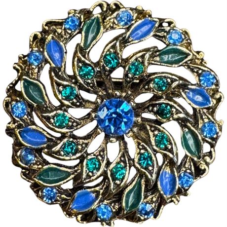 Vintage Florenza Style Blue & Green Rhinestone Brooch