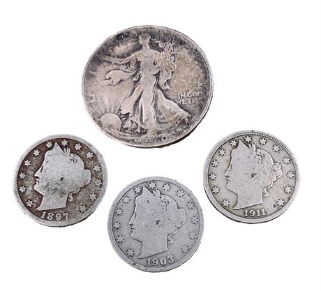 1940 Silver Standing Half Dollar & 3 V Nickel 5 cent US Coins