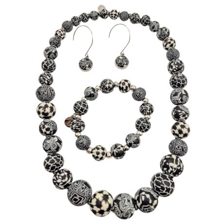 Jilzarah Black and White Bead Necklace, Bracelet and Earring Set