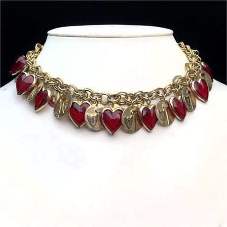 Vintage Fringe Dangle Faceted Red Heart & Key Lock Medallion Necklace