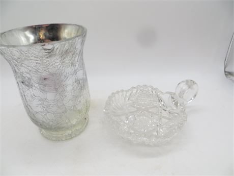Crackle Glass Vase & America Brillant Crystal Nut Candy Dishes