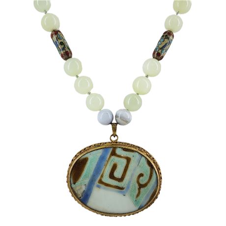 Vintage Jade Bead & Antique Chinese Porcelain Shard Pendant Necklace
