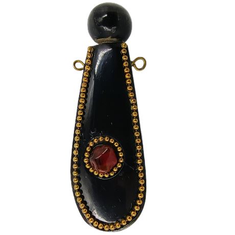 Vintage Black Enamel Miniature Perfume Bottle Pendant with Red Glass Accent