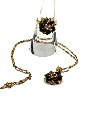 Green Flower Pendant with Matching Ring