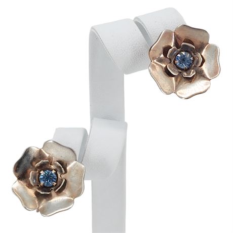 Vintage Sterling Silver Flower Screwback Earrings w/ Ice Blue Rhinestone Centers